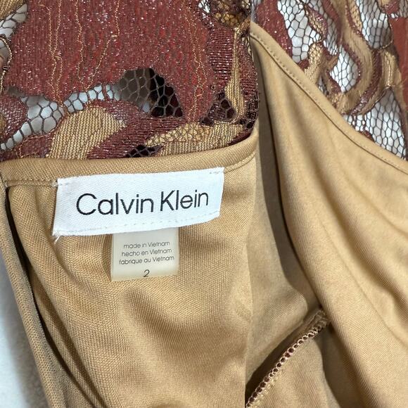 Calvin Klein 2 Lace Brown Dress Floral A-Line Sheath Fringe Formal Wedding Party - Picture 7 of 13